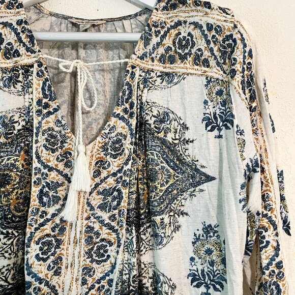 Lucky Brand Womens Boho Tunic Peasant Top XL Blue Floral 3/4 Sleeve Lightweight - Picture 2 of 10